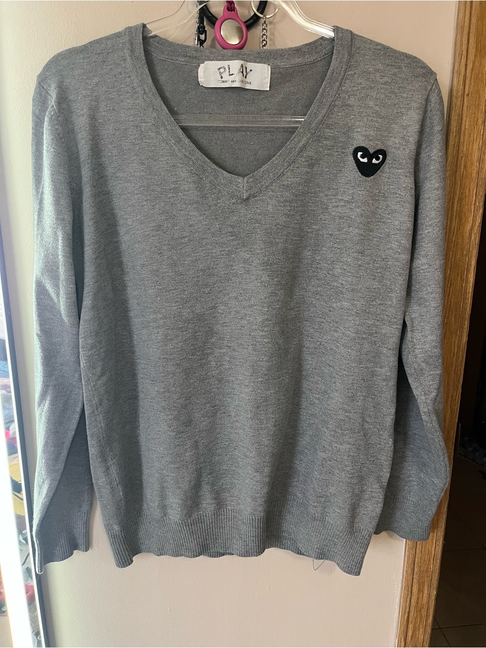 Comme des Garcons PLAY Grey V-Neck Sweater with Black Heart Logo